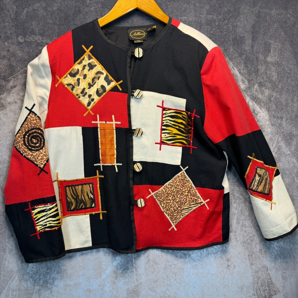 Vintage Allure Jacket Women L Multicolor Animal Print Patchwork Art To Wear